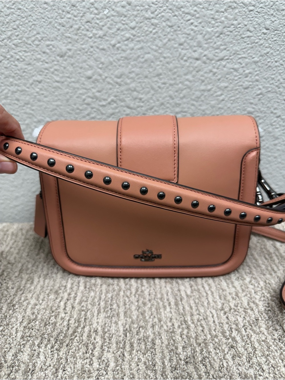 Coach Page Prairie Rivets Coral Pink Leather Studded Turnlock Shoulder/Cross Bag - Picture 10 of 15